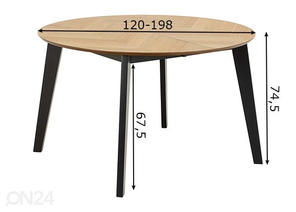 Pikendatav söögilaud Georgetown Ø120/198 cm mõõdud