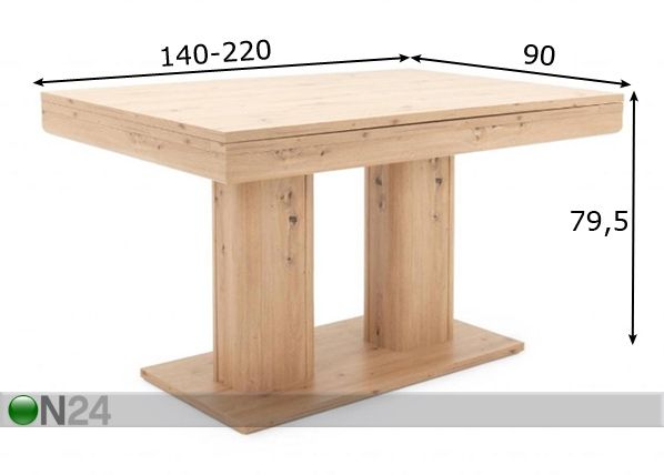 Pikendatav söögilaud Heidelberg 140/220x90 cm mõõdud