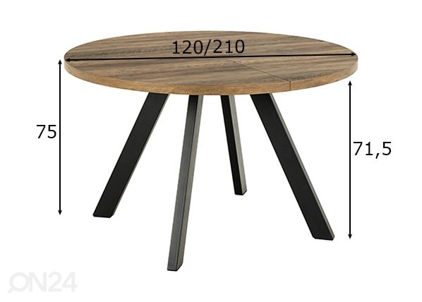 Pikendatav söögilaud Saida Ø120/210x75 cm mõõdud
