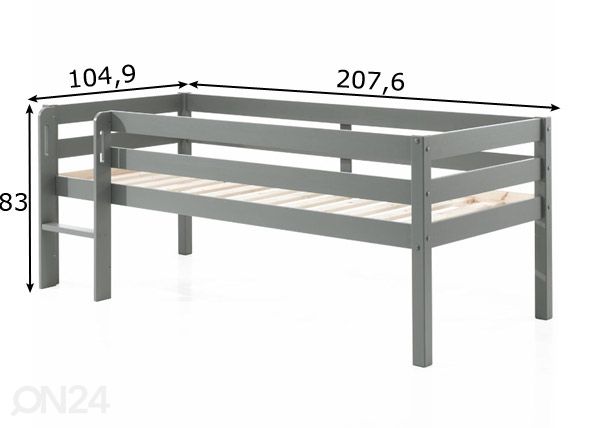 Poolkõrge lastevoodi Pino 90x200 cm, hall mõõdud