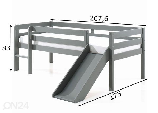 Poolkõrge lastevoodi Pino 90x200 cm, hall mõõdud