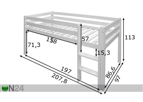 Poolkõrge narivoodi 90x200 cm mõõdud