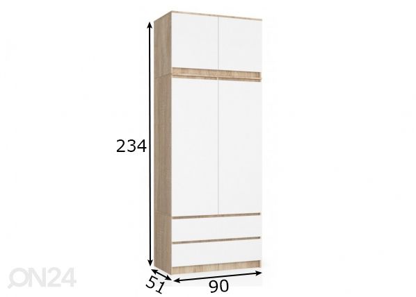 Riidekapp 90 cm, sonoma/valge mõõdud