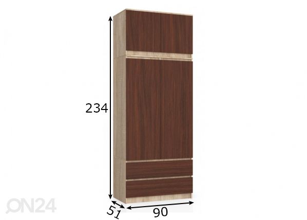 Riidekapp 90 cm, sonoma/wenge mõõdud