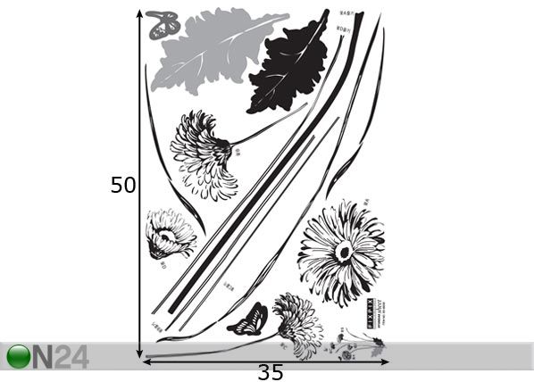 Sisustuskleebis Must-valged lilled mõõdud