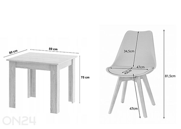 Söögilaua komplekt laud + 4 tooli mõõdud