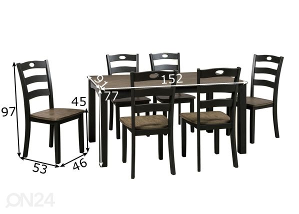 Söögilaud 152x91 cm + 6 tooli mõõdud