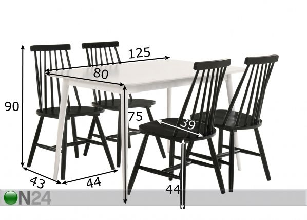 Söögilaud + 4 tooli Sophia mõõdud