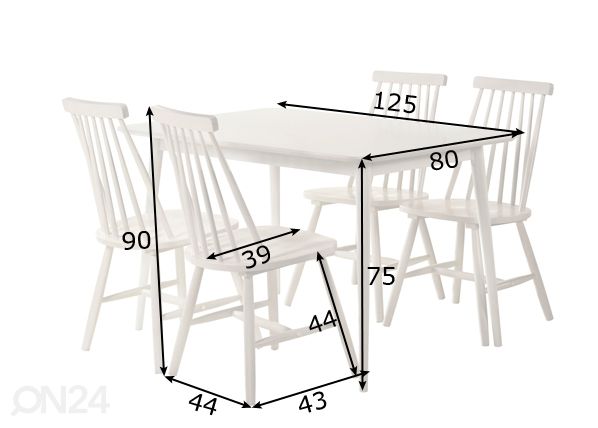 Söögilaud + 4 tooli Sophia mõõdud