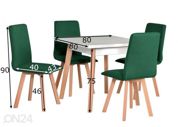 Söögilaud 80x80 cm + 4 tooli mõõdud