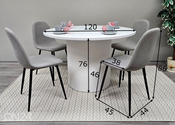 Söögilaud Sierra Ø 120 cm + toolid Sara 4 tk mõõdud
