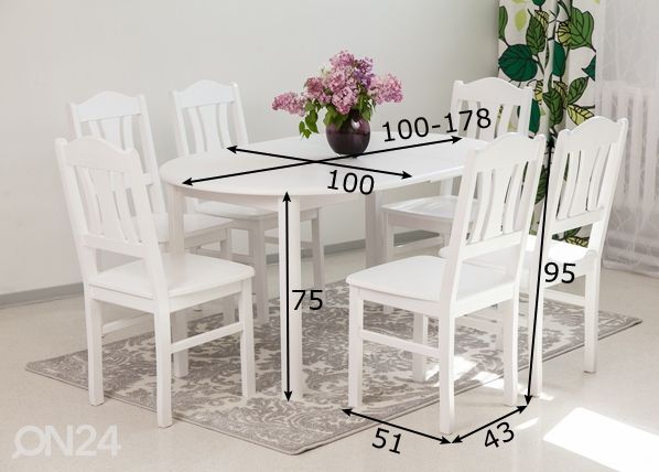 Söögitoakomplekt Ada2 100x100-178 cm + toolid Per 6tk mõõdud
