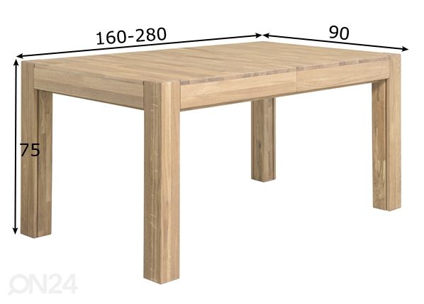 Tammepuidust pikendatav söögilaud 160-280x90 cm, valge õli mõõdud