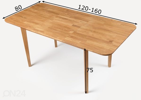 Tammepuidust pikendatav söögilaud Frans 1P 120-160x80 cm mõõdud