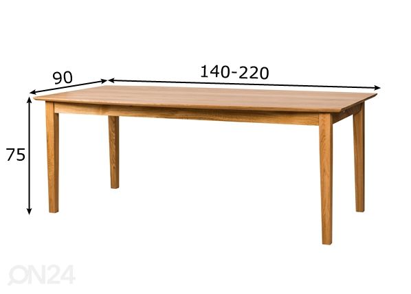 Tammepuidust pikendatav söögilaud Gert 140-220x90 cm mõõdud