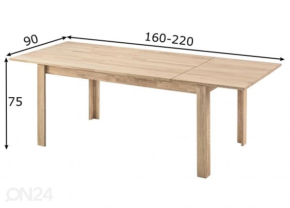 Tammepuidust pikendatav söögilaud Liina 2 160-220x90 cm, valge õli mõõdud
