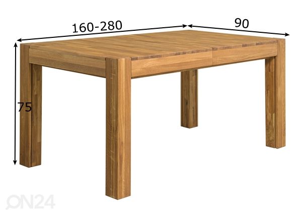Tammepuidust pikendatav söögilaud XL 160-280x90 cm mõõdud