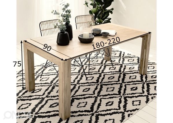 Tammepuidust pikendatav söögilaud Zak 180-220x90 cm, valge õli mõõdud