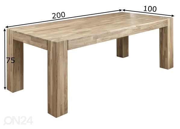 Tammepuidust söögilaud Noa 200x100 cm, valge õli mõõdud