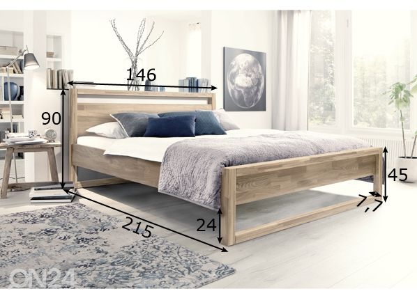 Tammepuidust voodi Paula 140x200 cm, valge õli mõõdud