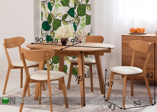 Tammepuust pikendatav söögilaud Basel 90-130x90 cm+ 4 tooli Irma mõõdud