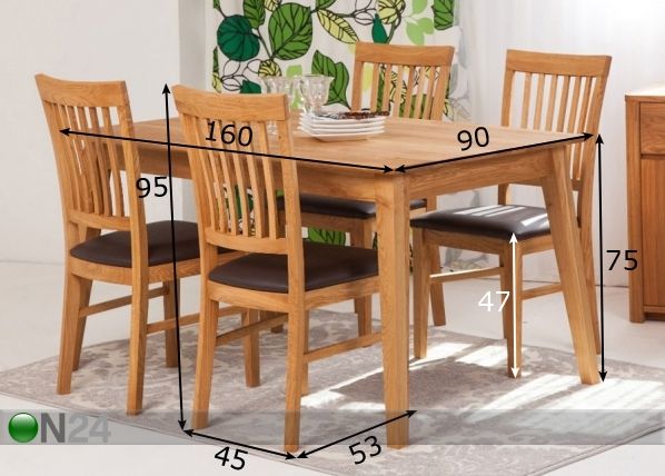 Tammepuust söögilaud Genf 160x90 cm+ 4 tooli Ron mõõdud