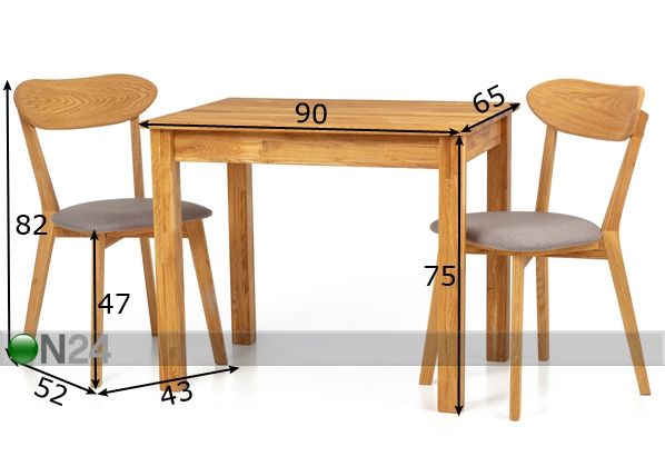 Tammepuust söögilaud Len22 90x65 cm + 2 tooli Irma hall mõõdud