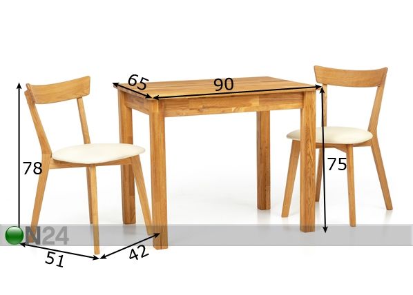 Tammepuust söögilaud Len23 90x65 cm + 2 tooli Viola beige mõõdud