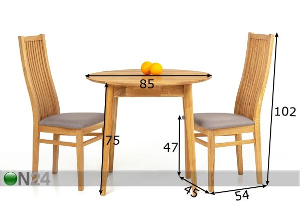 Tammepuust söögilaud Scan Ø85 cm+ 2 tooli Sandra hall mõõdud