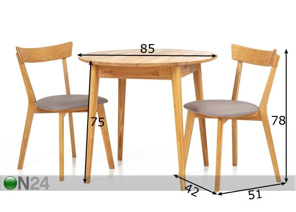 Tammepuust söögilaud Scan Ø85 cm+ 2 tooli Viola hall mõõdud