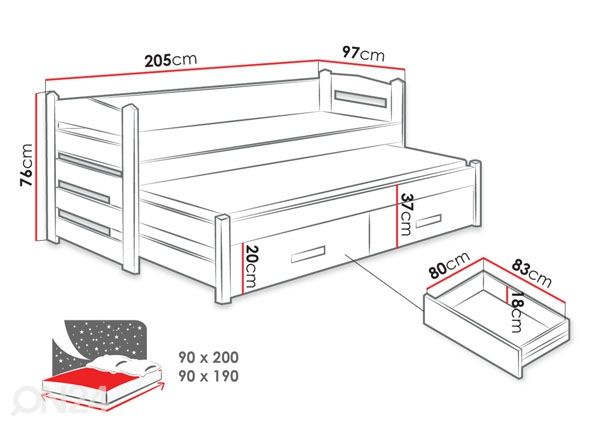 Voodi 90x200 cm mõõdud