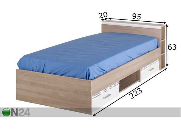 Voodi Giga 90x200 cm koos voodipeatsi riiuliga mõõdud