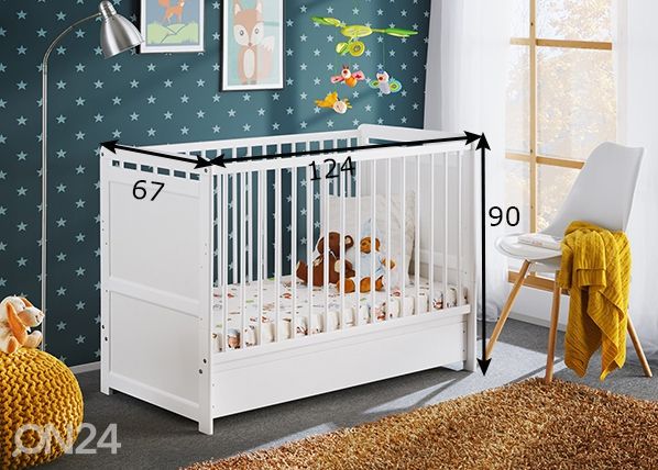 Võrevoodi Tymek Plus koos madratsiga 60x120 cm, valge mõõdud