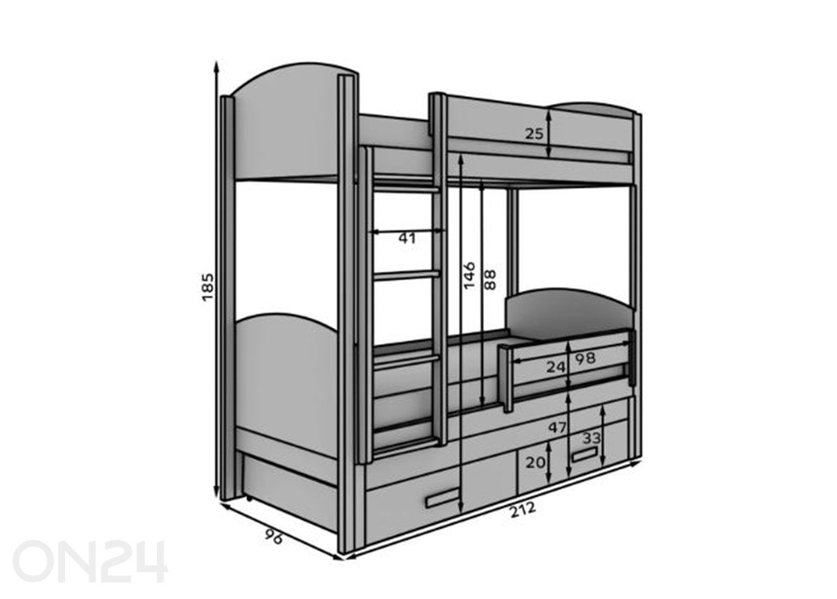 3-kohaline narivoodi komplekt Leia 90x200 cm suurendatud mõõdud