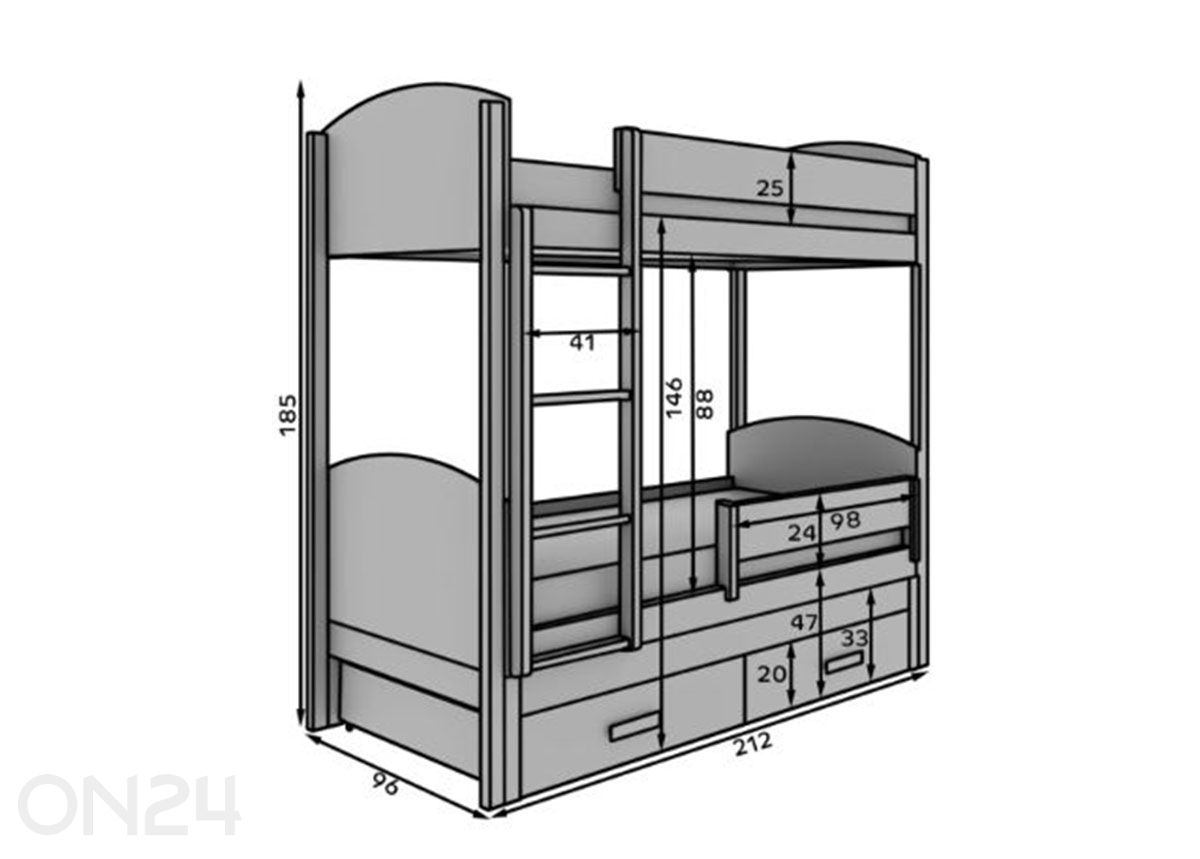 3-kohaline narivoodi komplekt Leia madratsitega 90x200 cm suurendatud mõõdud