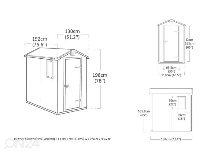 Aiakuur Keter Manor 1,97 m², 192x130x198 cm suurendatud mõõdud