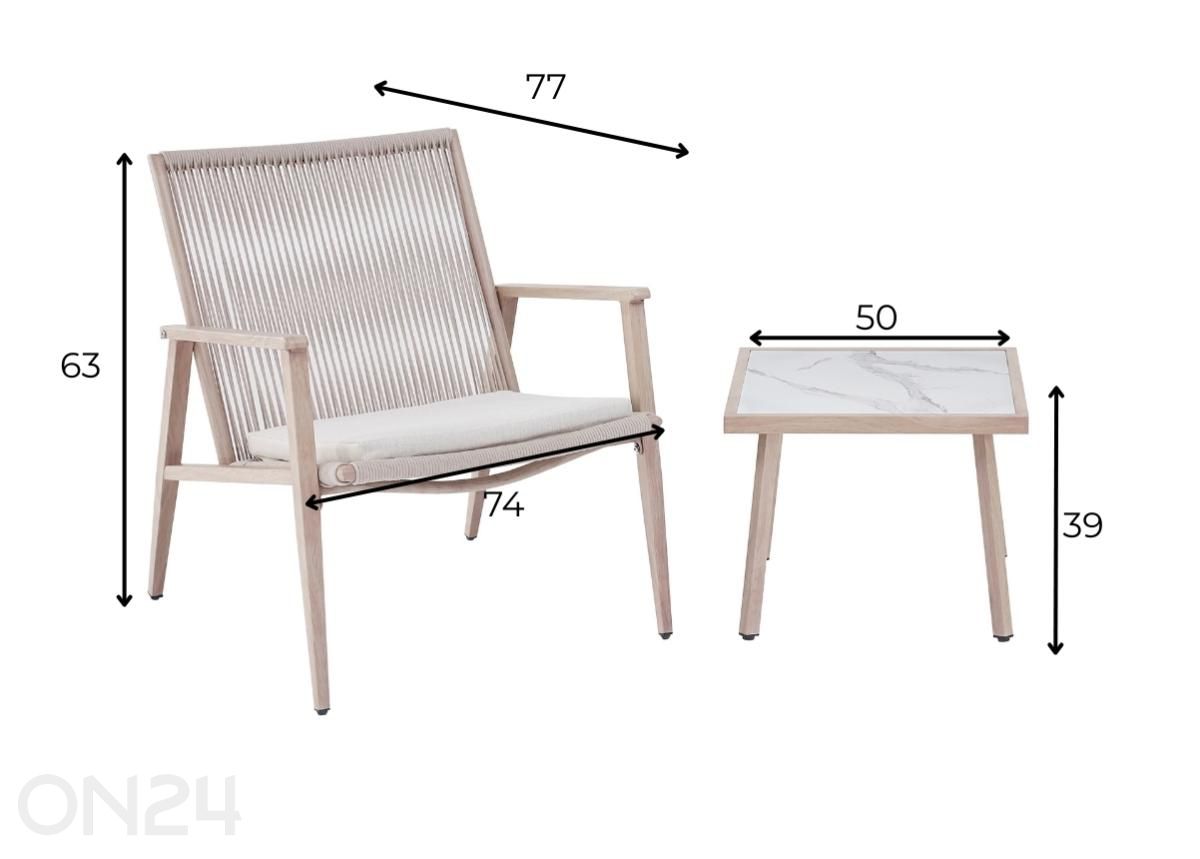 Aiamööbli komplekt Pisa laud+2 tooli, hall suurendatud mõõdud