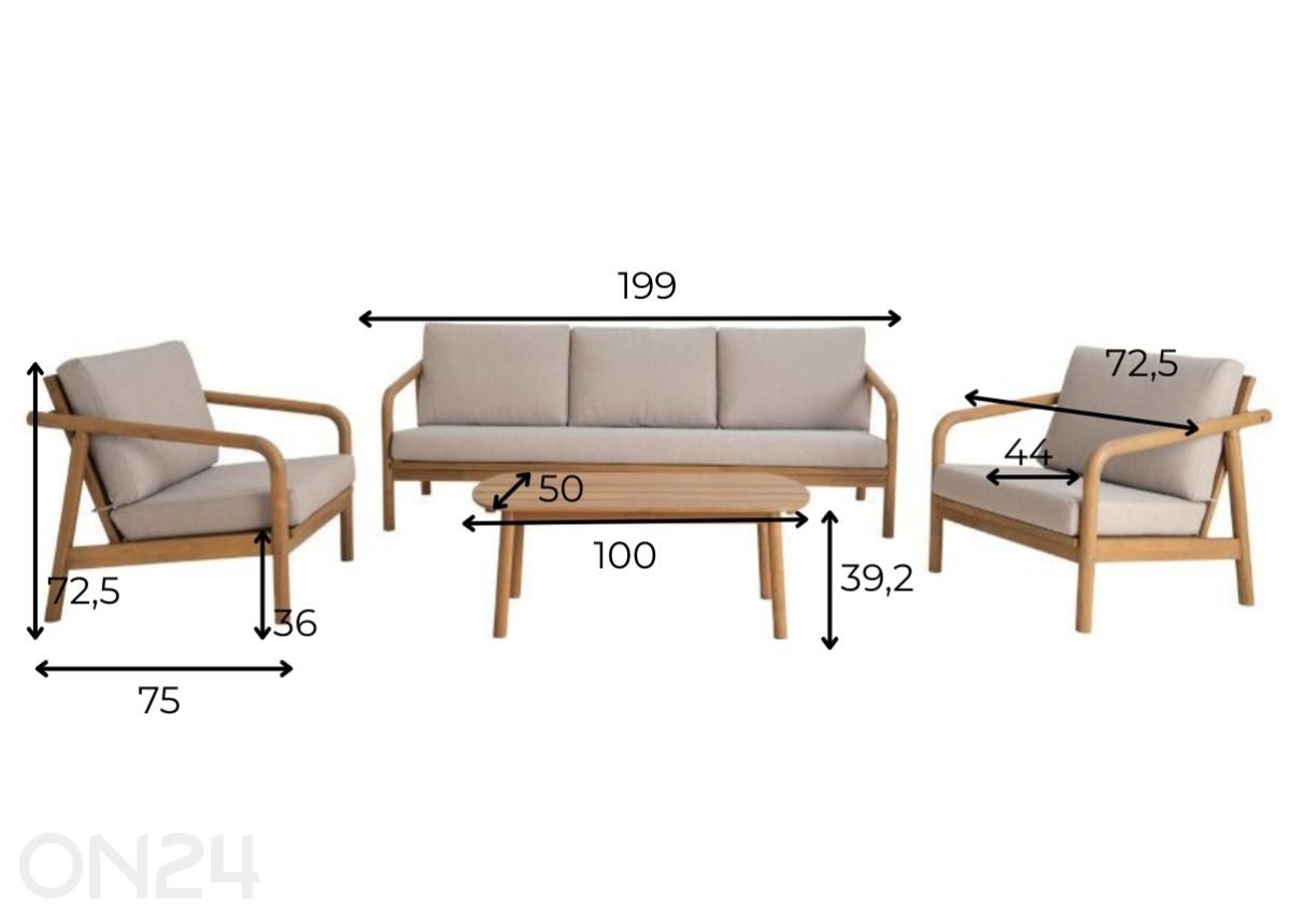 Aiamööbli komplekt William laud+2 tooli+diivan, hall suurendatud mõõdud
