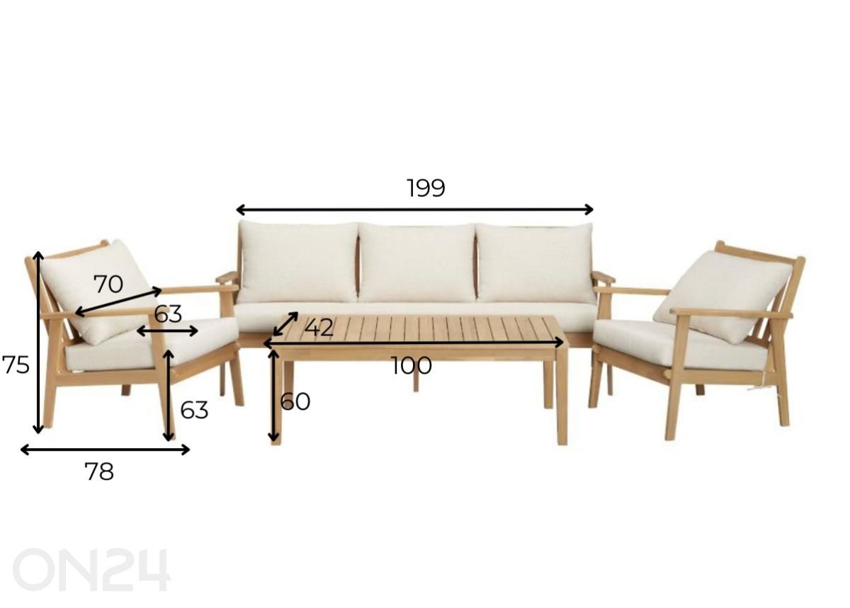 Aiamööbli komplekt Zamora laud+2 tooli+diivan, kreem suurendatud mõõdud