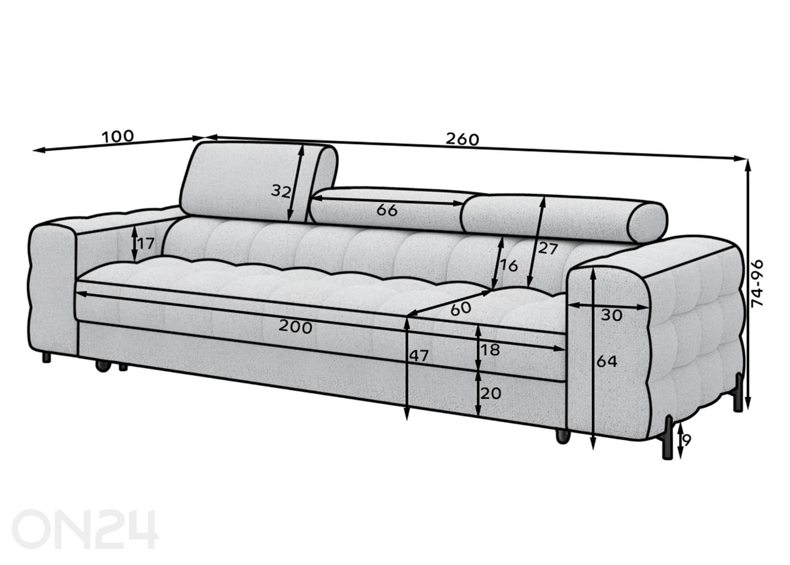Diivanvoodi Festello suurendatud mõõdud