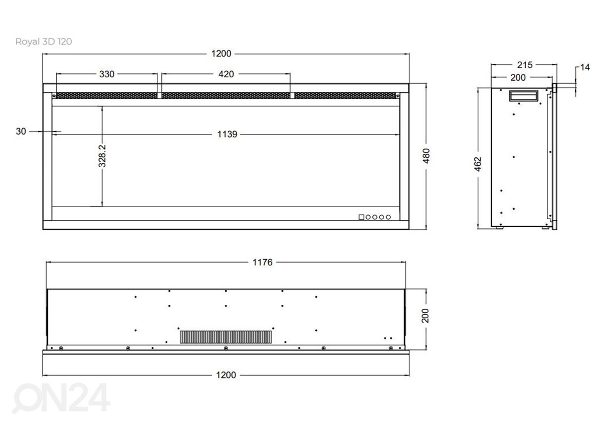 Elektrikamin Aflamo Royal 3D 120 suurendatud mõõdud