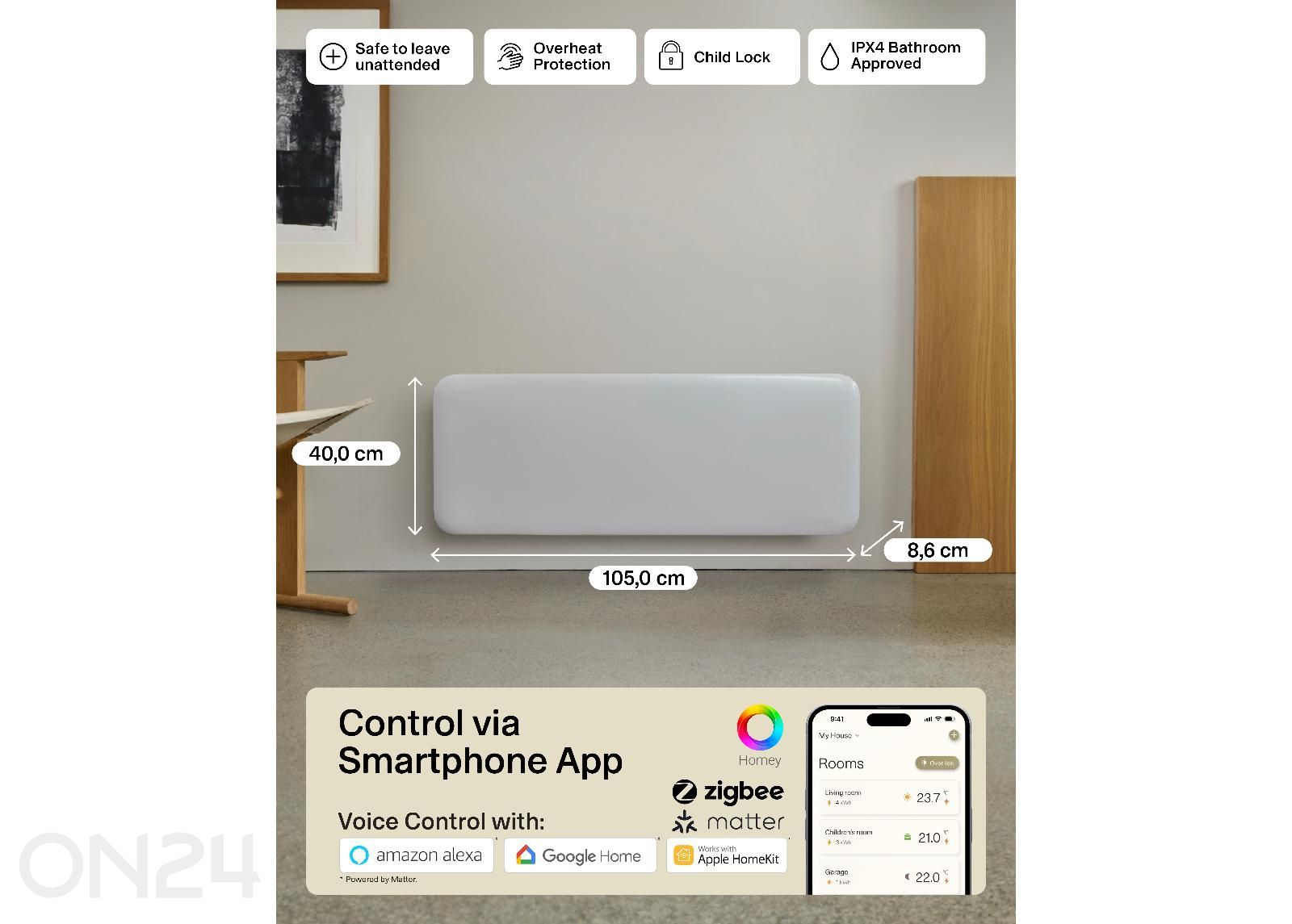 Elektriradiaator Mill Invisible Smart WiFi Gen.4 PA1300WIFI4 suurendatud mõõdud