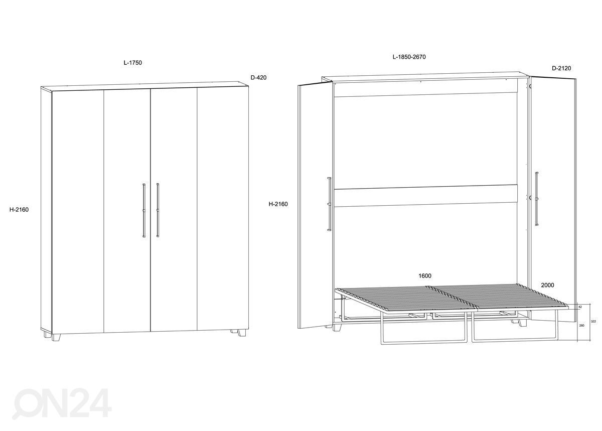 Kappvoodi Bweeng 160x200 cm suurendatud mõõdud