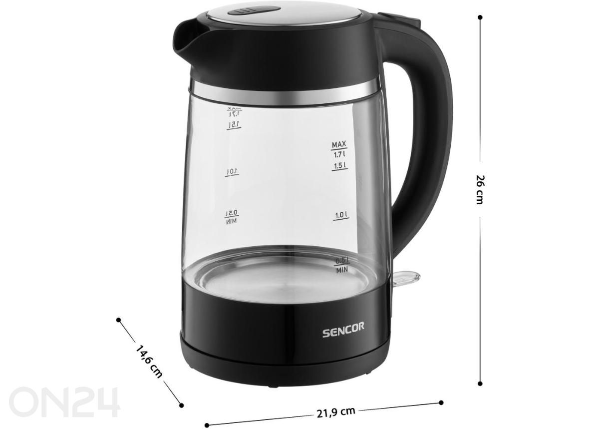 Klaaskorpusega veekeetja Sencor SWK2711BK suurendatud mõõdud