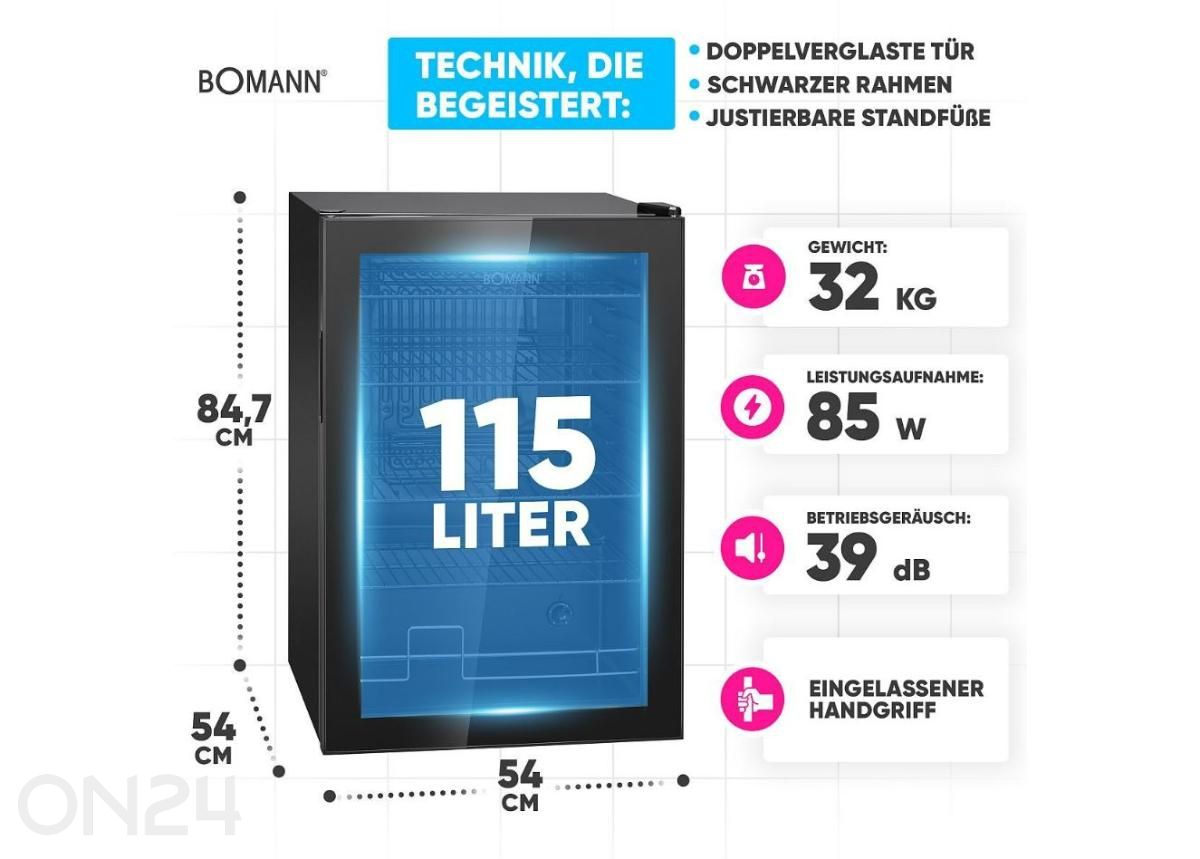 Klaasuksega külmik Bomann KSG7290 suurendatud mõõdud