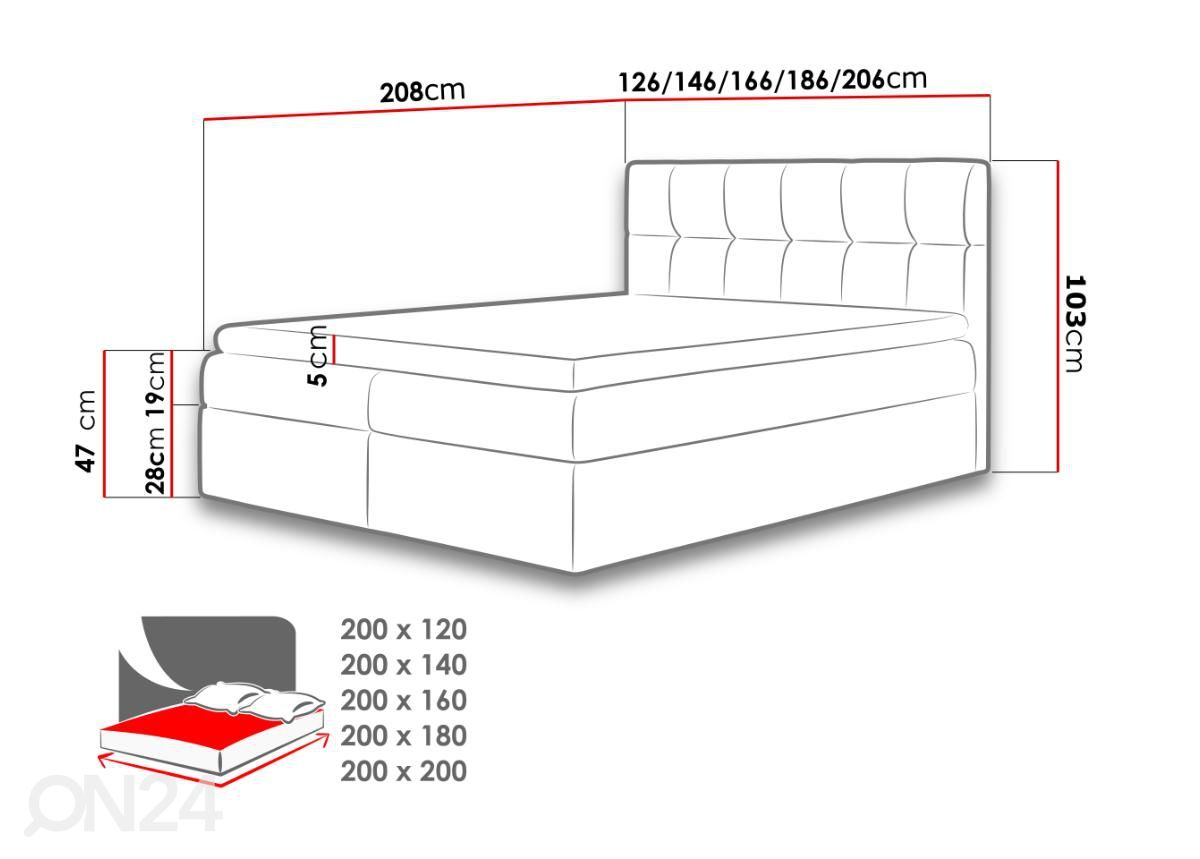 Kontinentaalvoodi 120x200 cm suurendatud mõõdud