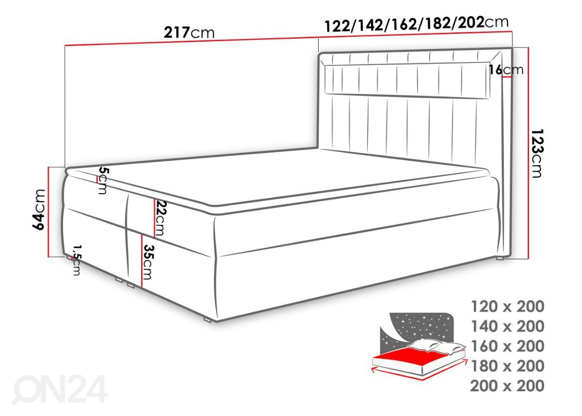Kontinentaalvoodi 120x200 cm suurendatud mõõdud