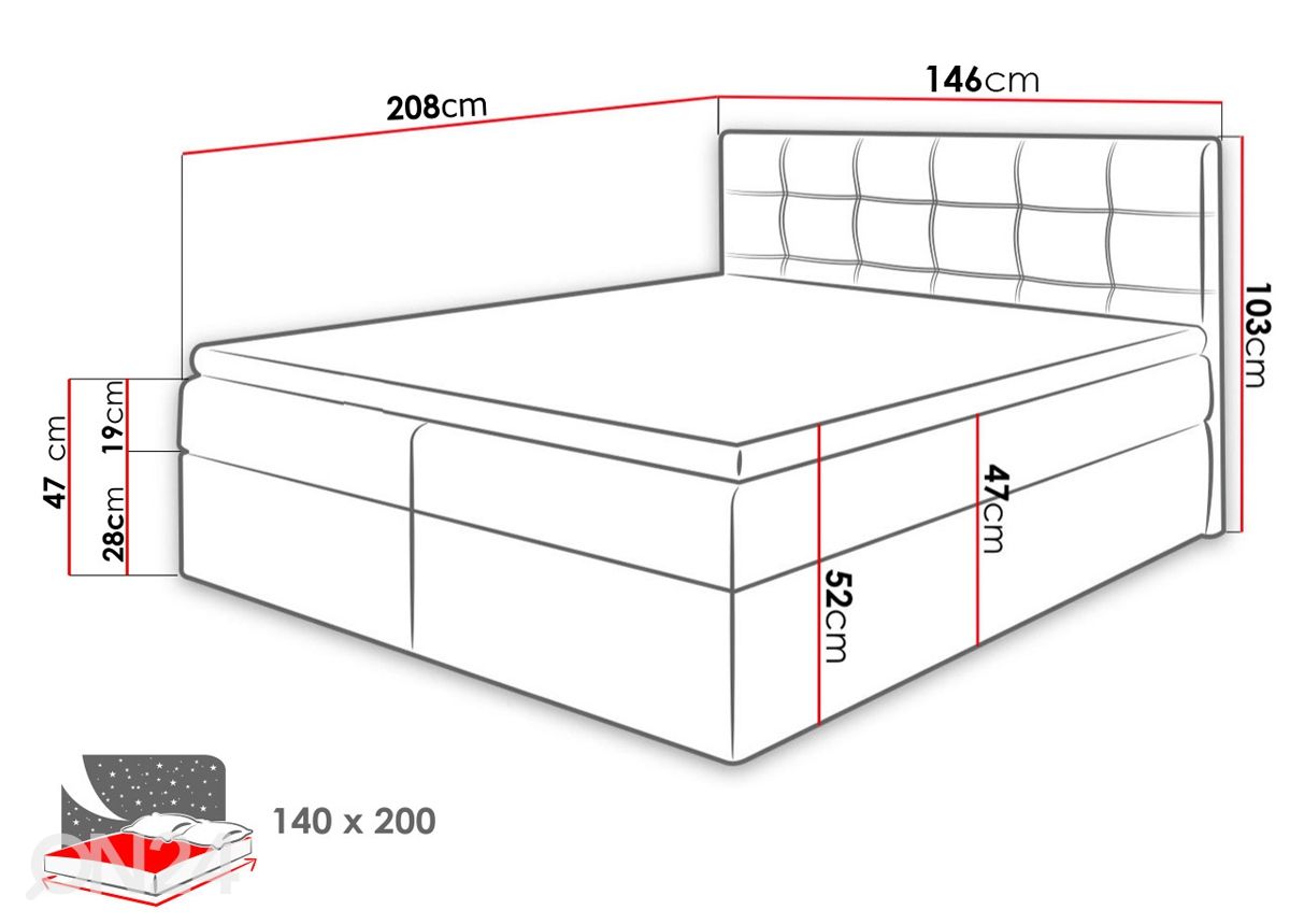 Kontinentaalvoodi 140x200 cm suurendatud mõõdud