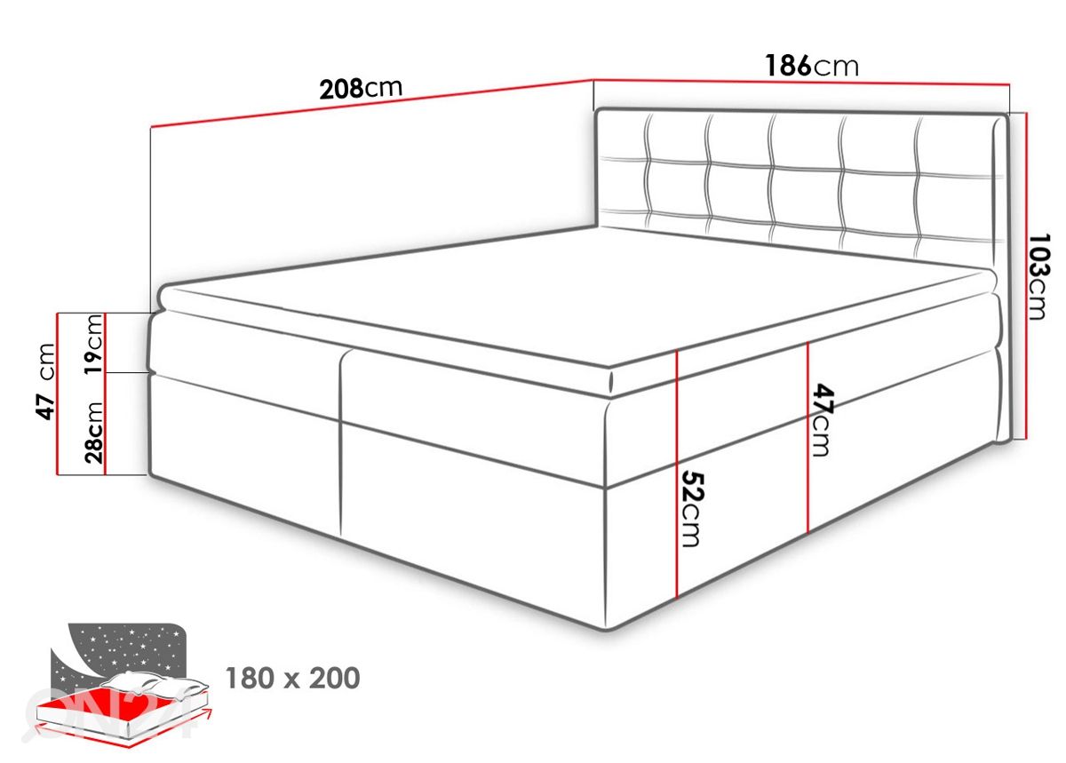 Kontinentaalvoodi 180x200 cm suurendatud mõõdud