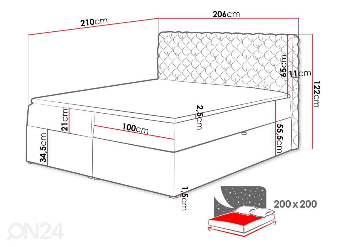 Kontinentaalvoodi 200x200 cm suurendatud mõõdud